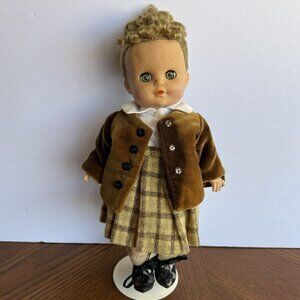 Vintage Eegee Hard Plastic Jointed Doll Green Sleepy Eyes Curly Blonde Hair 10"